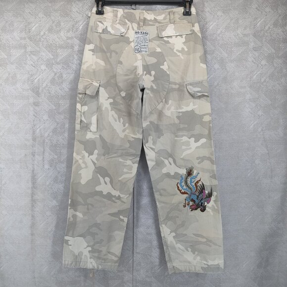 DA-NANG Cargo Pants Womens 28x29 Gray Camo Embroidered Dragon Phoenix Patch Y2K - Picture 2 of 16